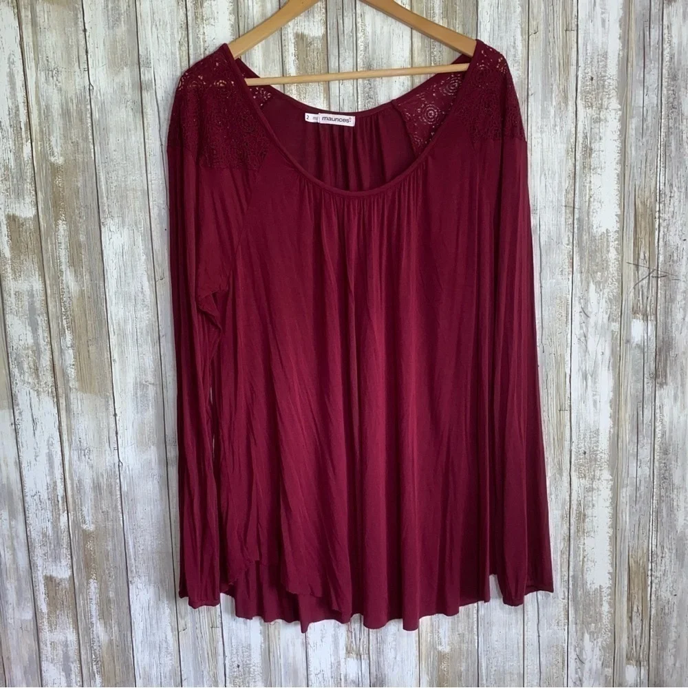 Maurices Red Lace Shoulder Raw Hem Blouse - Picture 1 of 6
